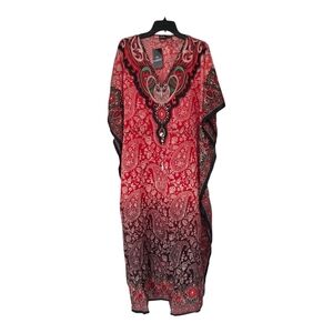 Indian Boho Paisley Kaftan Flowy Dress One Size Women Red Black Art To Wear New